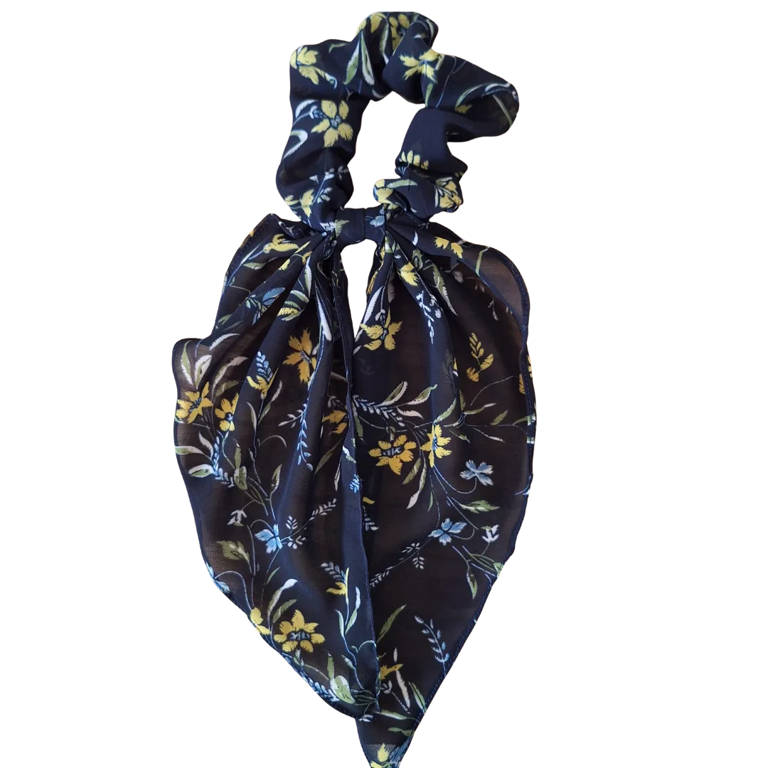 Navy and Yellow floral scarf scrunchie