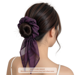 Dark purple with black floral print scarf scrunchie